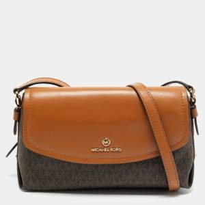 Michael Kors Brown/Tan Signature Coated Canvas and Leather Flap Brooklyn Shoulder Bag