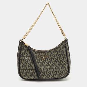 Michael Kors Black/Gold Signature Coated Canvas and Leather Jet Set Charm Pochette Bag