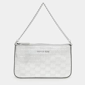 Michael Kors Silver Logo Embossed Leather Jet Set Medium Crossbody Bag