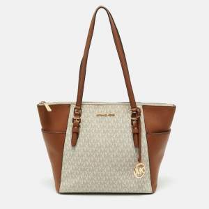 Michael Kors Brown/White Signature Coated Canvas and Leather Charlotte Top Zip Tote