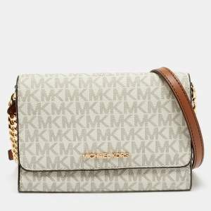 Michael Kors White/Brown Signature Coated Canvas and Leather Jet Set Phone Crossbody Bag
