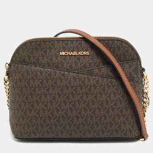 Michael Kors Brown Signature Coated Canvas and Leather Jet Set Travel Crossbody Bag