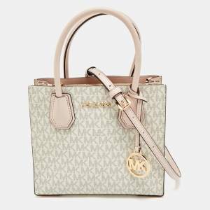 Michael Kors Ivory/Pink Signature Coated Canvas and Leather Mini Mercer Tote