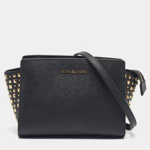 Michael Kors Black Leather Small Studded Selma Crossbody Bag