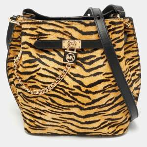Michael Kors Brown/Black Zebra Print Calf Hair Medium Hamilton Legacy Bucket Bag