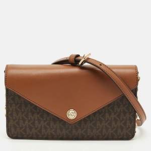 Michael Kors Brown Signature Coated Canvas and Leather Envelope Wallet on Strap