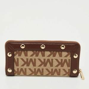 Pre Owned Michael Kors Beige/Dark Brown Signature Canvas and Leather Zip Around Wallet