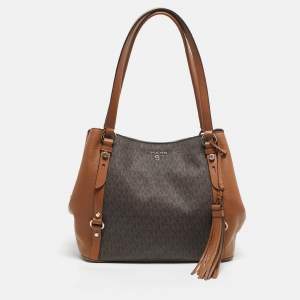 Pre Owned Michael Kors Two Tone Brown Signature Coated Canvas and Leather Carrie Shoulder Bag