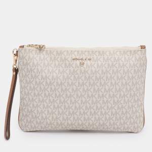 Pre Owned Michael Kors Cream/Brown Coated Canvas and Leather Slater 2-in-1 Wristlet Clutch