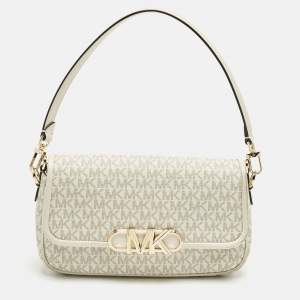 Pre Owned Michael Kors White Signature Coated Canvas and Leather Parker Medium Logo Shoulder Bag