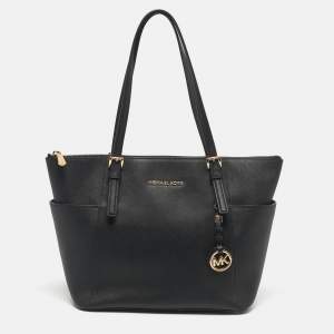 Pre Owned Michael Black Leather East West Top Zip Tote