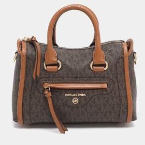 Pre Owned Michael Kors Brown Coated Canvas and Leather Extra Small Carine Satchel