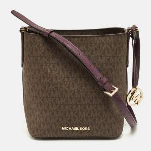 Pre Owned Michael Kors Purple/Brown Signature Coated Canvas and Leather Bucket Bag