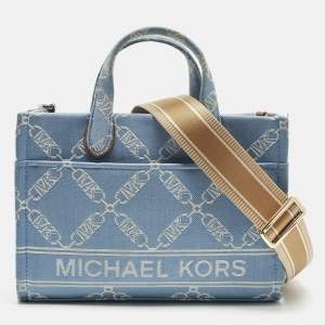 Pre Owned Michael Kors Blue/Beige Empire Logo Jacquard Canvas Small Gigi Tote
