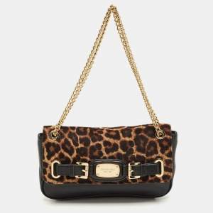 Pre Owned Michael Kors Black/Brown Leopard Print Calfhair and Leather Small Hamilton Flap Shoulder Bag