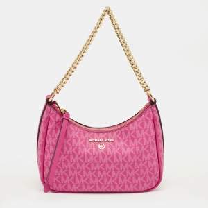 Pre Owned Michael Kors Pink Signature Coated Canvas and Leather Jet Set Charm Pochette Bag