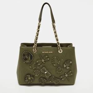 Pre Owned Michael Kors Green Leather Medium EW Susannah Embellished Tote