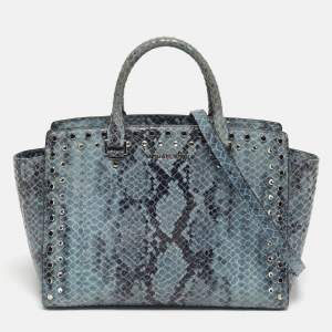 Pre Owned Michael Kors Blue Python Embossed Leather Large Embellished Selma Tote