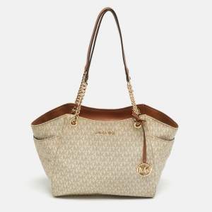 Pre Owned Michael Kors Off White/Brown Signature Coated Canvas Jet Set Travel Chain Tote