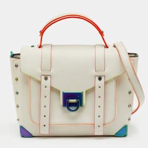 Pre Owned Michael Kors White Leather Manhattan Medium Contrast-Trim Top Handle Bag