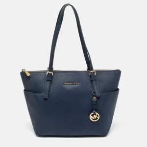 Pre Owned Michael Kors Navy Blue Leather Jet Set E/W Top Zip Tote