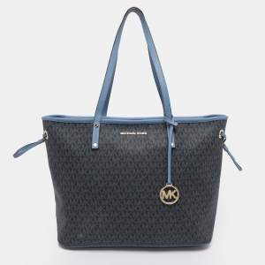 Pre Owned Michael Kors Blue Signature Coated Canvas and Leather Jet Set Travel Tote