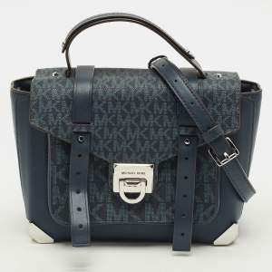 مملوكة مسبقًا Michael Kors Manhattan Medium Navy Blue Signature Coated Canvas Top Handle Bag
