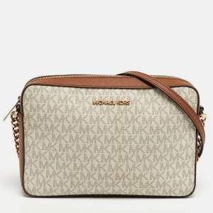 Pre Owned حقيبة كروس مايكل كورس جيت سيت بني/أبيض مطفي توقيع قماش مبطن وجلد