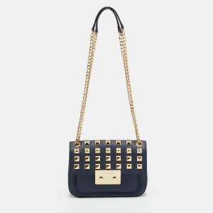 Pre Owned Michael Kors Studded Sloan Navy Blue Leather Shoulder Bag