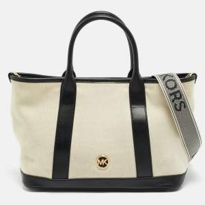 Pre Owned Michael Kors Luisa Medium Black/Natural Canvas and Faux Leather Tote
