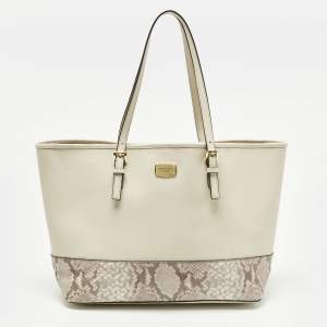 Pre Owned Michael Kors Jet Set Off White/Grey Python Embossed and Leather Tote