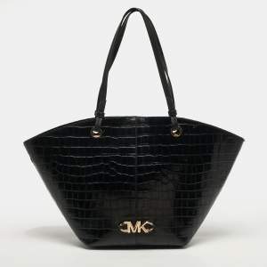 Pre Owned Michael Kors Izzy Black Croc Embossed Leather Tote