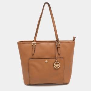 Pre Owned Michael Kors Jet Set Brown Saffiano Leather Snap Pocket Tote