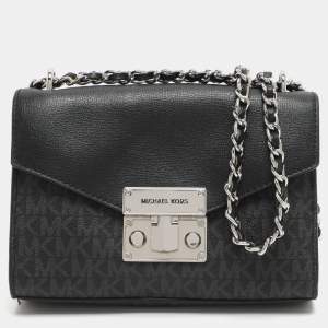 Pre Owned Michael Kors Rose Black/Grey Signature Coated Canvas and Leather Shoulder Bag