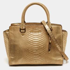 Pre Owned Michael Kors Selma Medium Gold Python Embossed Leather Tote