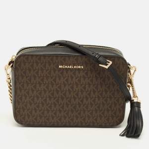 Pre Owned Michael Kors Jet Set Camera Tassel Brown/Black Signature Coated Canvas Crossbody Bag