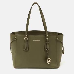 Pre Owned Michael Kors Voyager Medium Olive Green Leather Tote