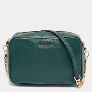 Pre Owned Michael Kors Jet Set Camera Green Leather Crossbody Bag