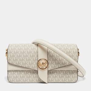 Pre Owned Michael Kors Greenwich Medium Off White Signature Coated Canvas and Leather Top Handle Bag