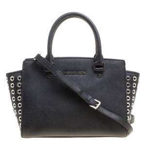 Pre Owned Michael Michael Kors Black Leather Medium Selma Eyelet Top Handle Bag