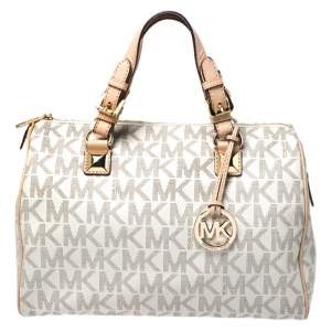 MICHAEL Michael Kors Ivory/Beige Signature Coated Canvas and Leather Grayson Boston Bag