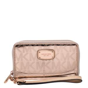 Pre Owned Michael Kors Metallic Rose Gold Logo Patent Leather Small Wristlet Wallet