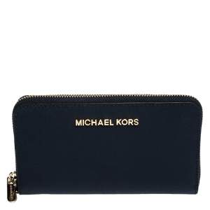 Pre Owned Michael Kors Blue Leather Zip Around Wristlet Wallet