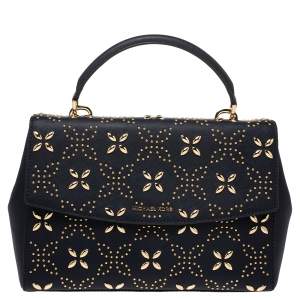 Pre Owned Michael Kors Navy Blue Studded Leather Medium Ava Top Handle Bag