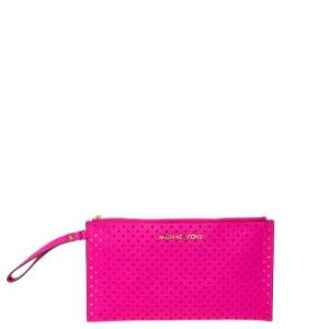 Pre Owned Michael Kors Hot Pink Perforated Leather Jet Set Wristlet Pouch