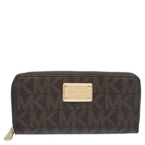 Pre Owned Michael Kors Brown Signature Coated Canvas  Zip Around Wallet