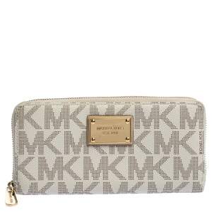 Pre Owned Michael Kors White Monogram Coated Canvas Zip Around Wallet