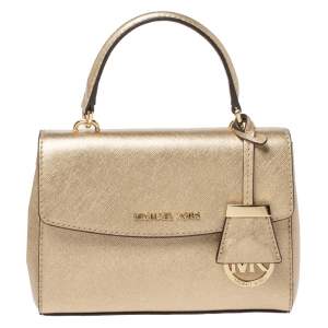 Pre Owned Michael Kors Metallic Gold Leather Mini Ava Top Handle Bag