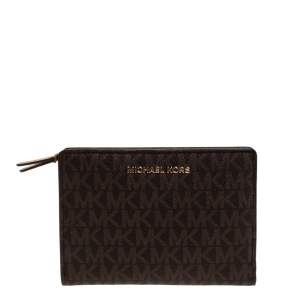 Pre Owned Michael Kors Brown Signature Coated Canvas Zip Around Wallet