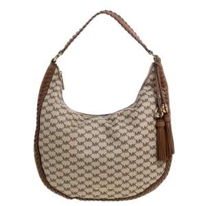 Pre Owned Michael Kors Beige/Tan Coated Canvas and Leather Lauryn Hobo